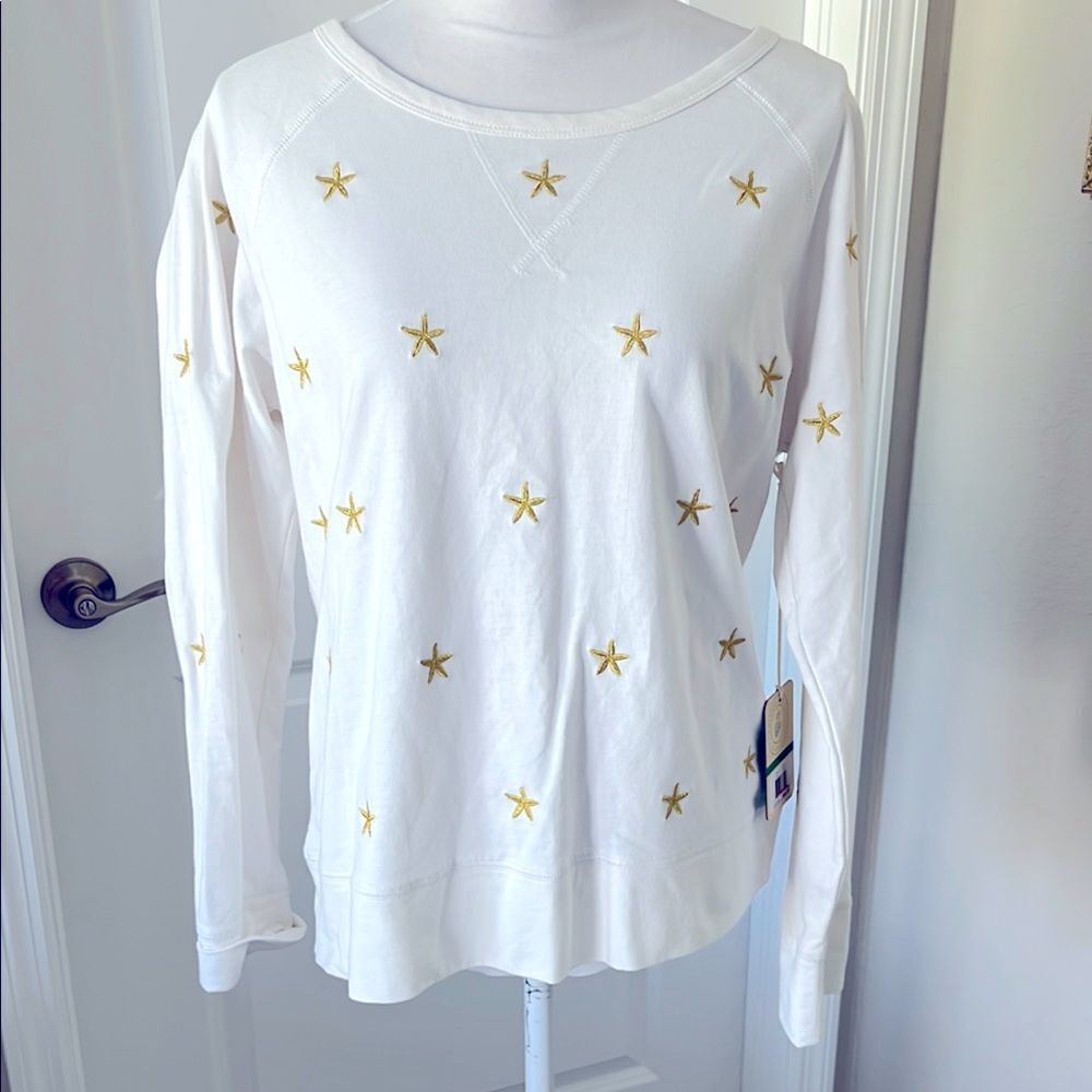 Caribbean Joe White Sweatshirt with Embroidered Gold Starfish NWT SZ L